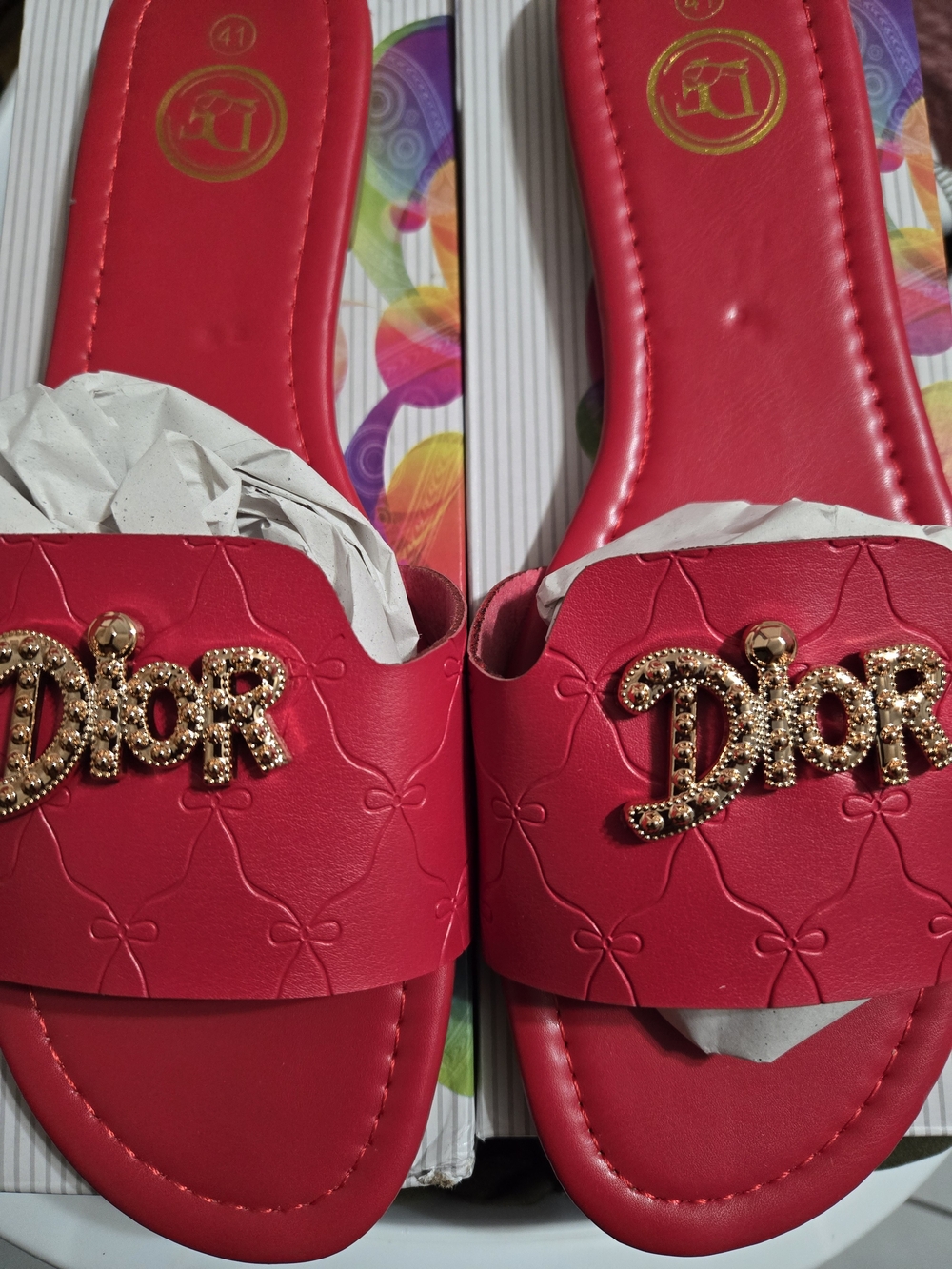 Red Embossed Slide Sandals with Gold Logo Accent